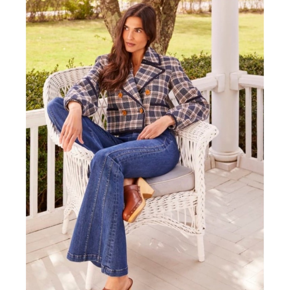 Veronica Beard Aise Plaid Cropped Tweed Jacket Blue Camel $648